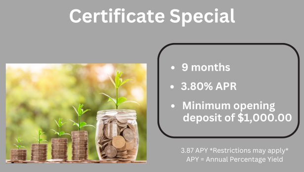 White text on grey backgroud says: Certificate Special. 9 Months, 3.80% APR, Minimum opening deposit of $1,000. Image on left of four stacks of ascending coins with a large jar of coins at the end all with small green plants growing out of them in bright sunlight. Small white disclosure text says 3.87 APY *Restrictions map apply*. APY=Annual Percentage Yield.